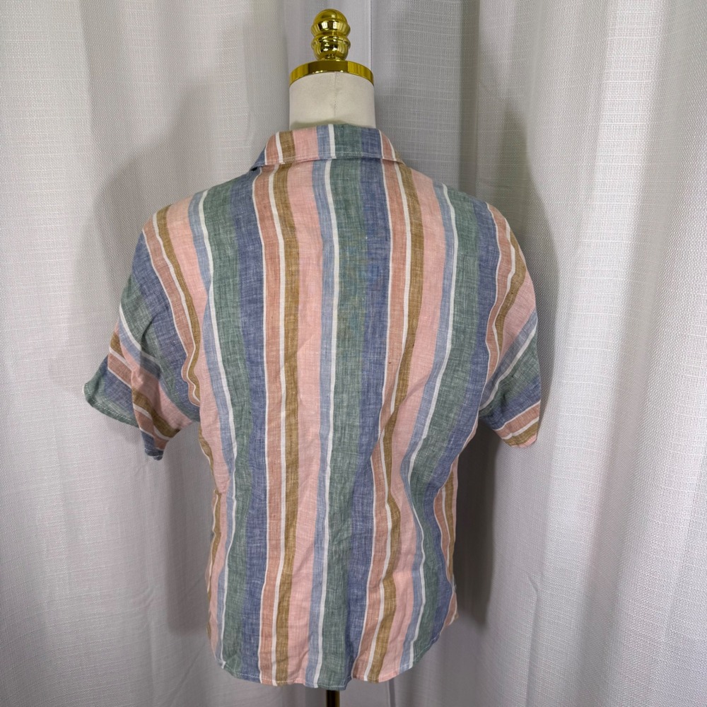 Garnet Hill Button Down S/S Shirt Womens 10 Multi Color Striped 100% Linen Top - Picture 2 of 11